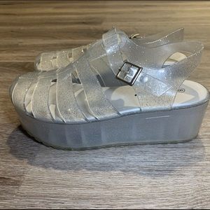 Clear Glitter Platform Jelly Sandals Size 8
